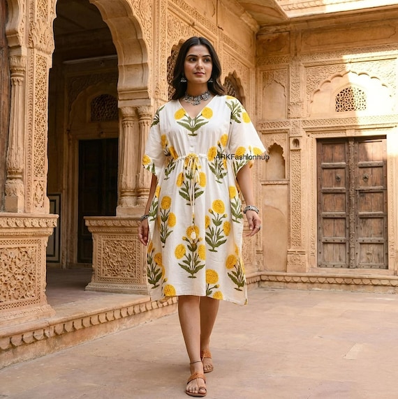 cotton short kaftan dress Floral Cotton Mini Kaftan Dress | Relaxed Fit Summer Wear
