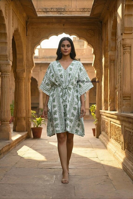 short cotton kaftan dresses Indian Block Print Mini | Kaftan Dress | Floral Print Mini Kaftan Goddiva Scalloped Lace & vintage girls dress Kaftan summer Pair it with simple 尺寸:2XL