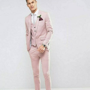 Light Pink Womens Suit 3 pc Pastel Pink Satin Pant Suit, High Waist Pants,Blazer  and Corset Crop Top