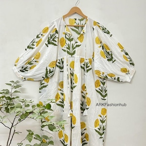 Mini Midi Yellow Floral Soft Cotton Dress, Balloon Sleeves Dress Women Long Maxi Dress, Summer Outfit Clothing.