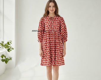 Red Strawberry Women Mini Dress, Midi Dress, Boho Dress, Hand Print Dress, Cotton summer dress, girl dress, Mom Outfit Dress, Gifts For Her