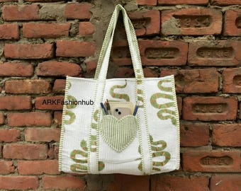 Borsa a tracolla da viaggio per la spesa da donna, realizzata a mano in cotone trapuntato etnico indiano