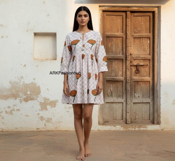 boho cheesecloth dress 100% Cotton Indian Print Colourful Summer Earthy Elegant Comfy Daywear Mom Outfit | Summer Beach Travel Outfit Dress, Mom Gifts Size:US 6.5-7/ UK 6