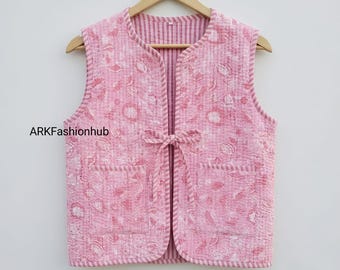 Boho katoenen vest met bloemenprint, handgemaakt, Indiaas, omkeerbaar