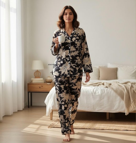 cotton night dress set for women Elegant Handblock Pyjama | Luxurious Full Sleeve Suit | Women's Ultra Comfortable Loungewear summer night suit for women Window Wonderland - Where WW 3/16/24 length hem. Color:RETRO PAISLEY