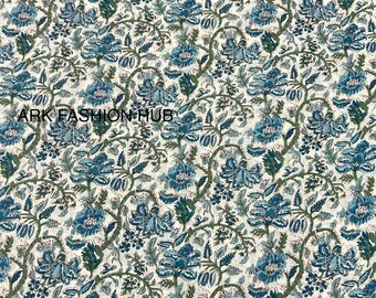 Blue Floral Print Soft Cotton Fabric, Indian Handmade Fabric By The Yard, Sewing & Quilting Fabric, Dressmaking Fabric, Women's Clothing,