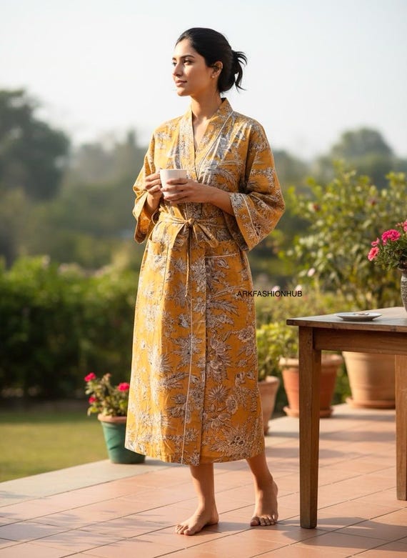 cotton kimono style dressing gown Floral Cotton Kimono Robe: Japanese Style Summer Cover-Up, Boho Loungewear  | Lightweight Bathrobe Dressing Gown | Soft Cotton Kimono