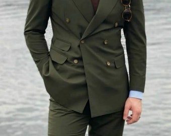 Men Bespoke Slim Fit Suit Classy Double Breast Two Piece Green Combination Men's Suit for Wedding , Prom, Groom wear & Groomsmen Suits