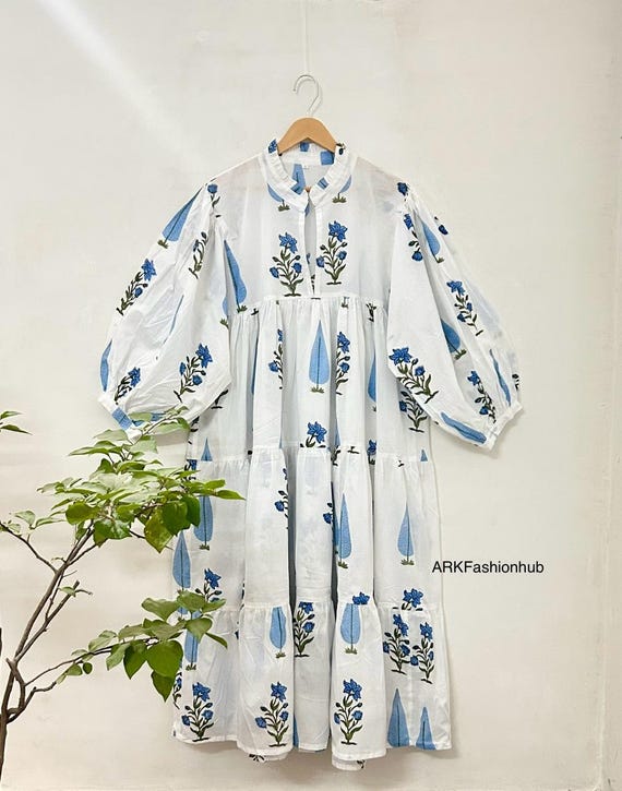 Boho Cotton Outfit Women Dress, Indian Hand Block Printed Maxi