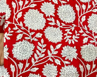Red Floral Hand Block Print Cotton Fabric: Sanganeri Print
