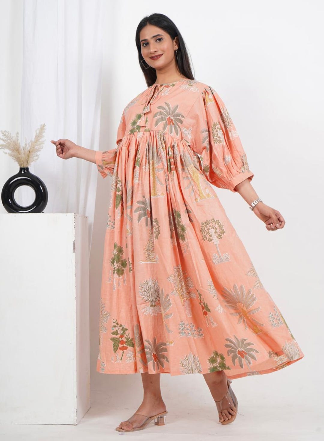 indian cotton boho dresses Hand Block Printed Maxi Dress, White Floral Gown Indian Artisan Dress Blue Block Print Maxi Dress