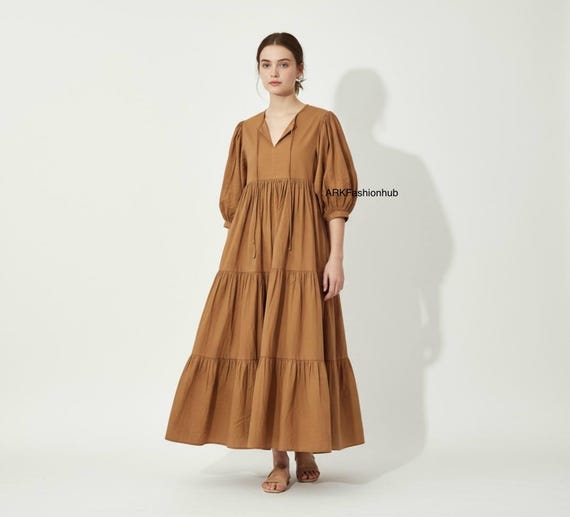 white christmas dresses Mitrika Solid Red Mandarin Collar A-Line Tiered Cotton Midi Dress main image 1