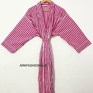 Pink Striped Cotton Kimono Robe – Handmade Summer Lounge Wear for Women, Lightweight Spa Wrap Boho Coastal Chic Dressing Gown Gift for Her