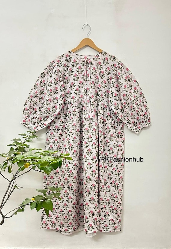 Hand Block Printed Pink Floral Cotton Voile Dress, Block Print Dress, Pink  and White Dress, Fall Dress, Women Fashion Block Print Dress - Etsy