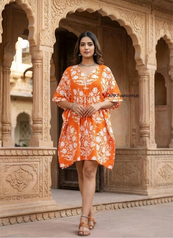 mini kaftan dress for women Boho Floral Mini Kaftan Dress