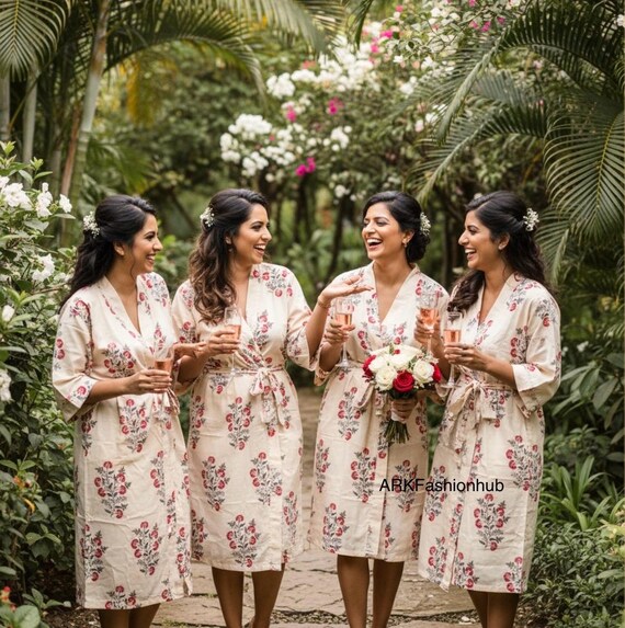 etsy bridesmaid dressing gowns Best Same Matching Wear Cotton Kimono Robe Gown, Block Print Bridesmaid Robe, Summer Nightwear, One Size loop:elleginghammididress