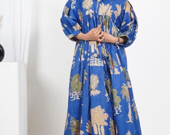 Pure Cotton Indian Print Boho Colourful Summer Earthy Elegant Comfy Daywear Mom Outfit Dress | Summer Beach Travel Outfit Dress, Mom Gifts