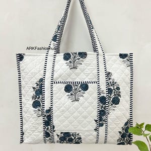 Floral Cotton Hand Block Print Quilted Tote Bag, Women Cotton Shopping Handmade Tote Bag, Indian Artisan Handmade Quilted Tote Bag
