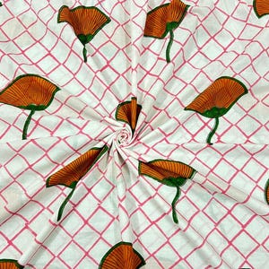 Indian Hand Block Print Soft Floral Fabric By Meter, 100 % Pure Cotton Voile Fabric For Dress Making ,Sewing, Crafting, Upholstery