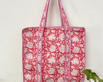 Hand Block Print Cotton Quilted Tote Bag: Indian Artisan Design
