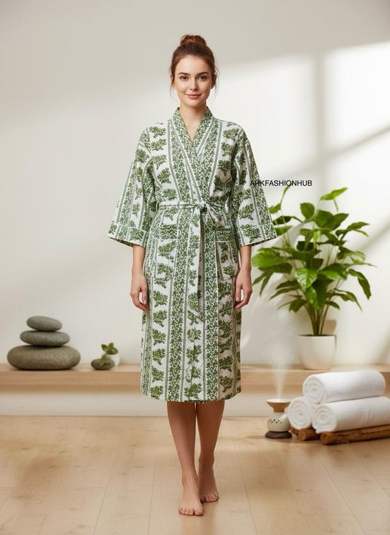 Lightweight Dressing Green Floral Dressing Gown Women Kimono, Long Cotton Robe Floral Dressing Gown Boho Loungewear Lightweight Dressing Green Floral Dressing Gown Women Kimono, Long Cotton Robe Floral Dressing Gown Boho Loungewear