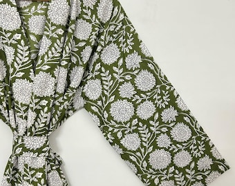 Floral Cotton Kimono Robe: Japanese Style Summer Cover-Up, Boho Loungewear | Lightweight Bathrobe Dressing Gown | Soft Cotton Kimono | Gifts