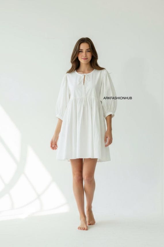 Pure Cotton Mini Balloon Sleeves Women White Dress, Women Comfortable Women Dress, Mom Outfit Dress.