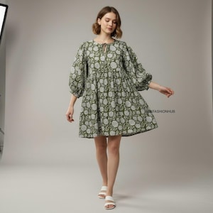 Olive Floral Hand Block Print Mini Dress, Bohemian Summer Dress, Women&#39;s Midi Dress, Floral Summer Dress, Handmade Casual or party Dress.