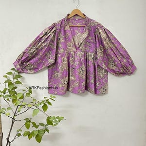 Floral Hand Block Print 100% Pure Cotton Blouse, Earthy Bohemian Blouse Top, Indian Block Print Day wear Casual Top Dress,