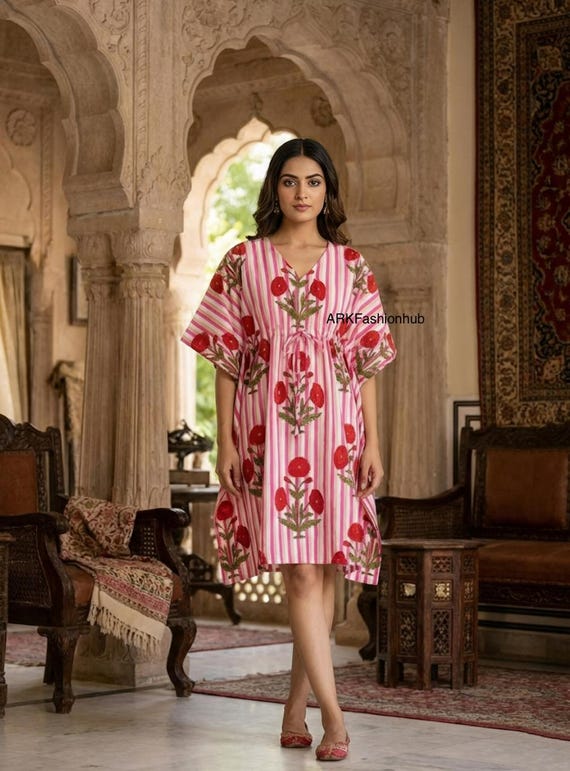 knee length dresses for ladies Monte & Lou Mini Kaftan with Floral Print in Rhiannon, Size S main image 0