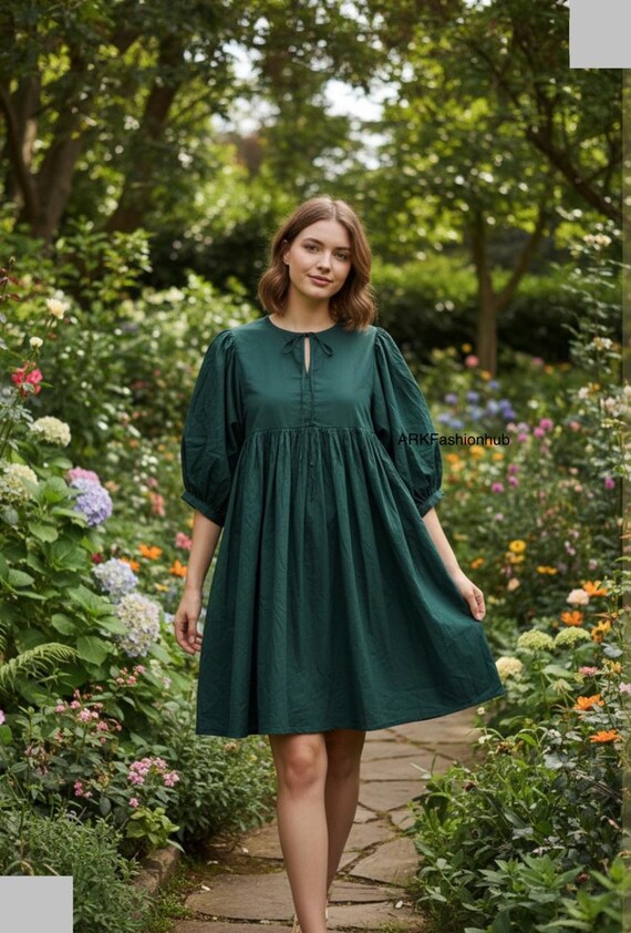 Dark Green Boho Cotton Mini Midi Dress, Bohemian Trendy Party Wear Dress,  Soft Loose Homewear, Travel, Shopping, Party Wear Dress. - Etsy Ireland