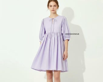 Lavender Purple Dress Fashion Casual Mini Dress 100% Cotton Dress Elegant Lilac Maxi Dress, Summer Winter Dress