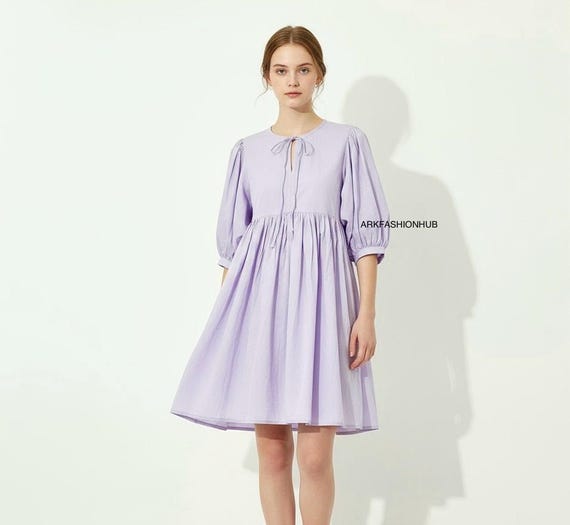 Lavender Purple Dress Fashion Casual Mini Dress 100% Cotton Dress Elegant  Lilac Maxi Dress, Summer Winter Dress