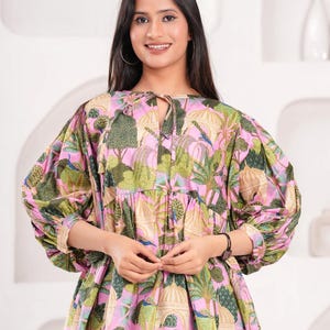 100% Pure Cotton Hand Block Print Blouse, Earthy Floral Bohemian Blouse Top, Indian Block Print Daywear Casual Tunic Top Dress, Custom Size.