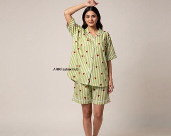 Handcrafted Floral Cotton Pajama Set for Women | Cozy Bohemian Sleep & Relax Wear