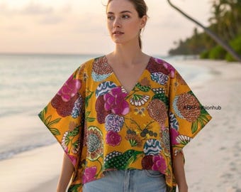 Cotton Kaftan Top, Indian Floral Kaftan, Short Caftan Top For to be Moms, Beach Cover up Travel Indian Kaftan, Top Dress Bikini Cover Up.