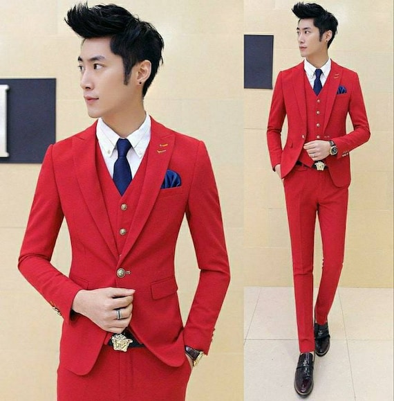 Men 3 Piece Red Slim Fit Eligant Suit Men Designer Suit Wedding