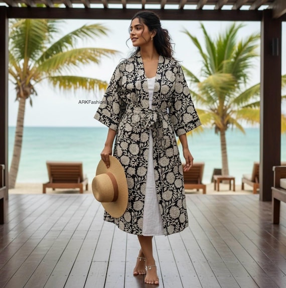japanese style dressing gown Floral Cotton Kimono Robe: Summer Cover-Up, Boho Loungewear | Lightweight Bathrobe | Soft Cotton Kimono Casual_azul