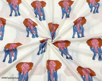 Hand Block Printed Cotton Fabric: Indian Elephant Print, Sewing Quilting Fabric