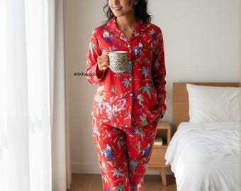 Ensemble de pyjama luxueux en coton imprimé blocs de main pour femme | Costumes de nuit ethniques bohèmes indiens | Cadeau de vêtements de nuit et de détente confortables et doux