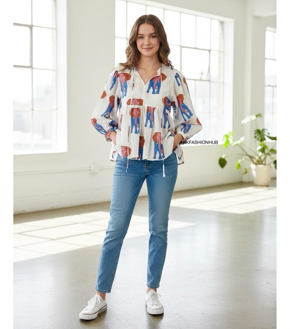 Indian Hand Made Cotton Blouse Beautiful Print Top, Jaipur Printed