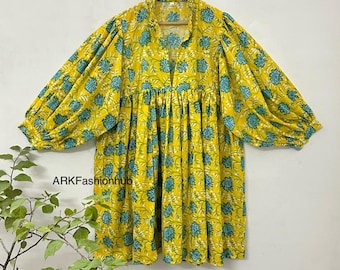 Vestido mini con estampado floral hecho a mano, vestido midi, vestido de algodón con estampado floral indio, escote profundo con cierre de cordón, traje de boda de tamaño personalizado
