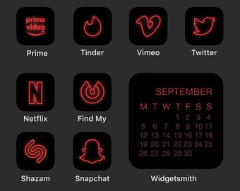 Red Neon iPhone/iPadOS/Android Icon Pack, Dark Neon Aesthetic App Icons, Retro Sci-Fi Phone Icons, Futuristic Red Icon Theme