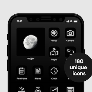 Op de afbeelding: Een zwart-wit iPhone-scherm met verschillende app-pictogrammen, waaronder Foto's, Camera, Kaarten, Klok, Herinneringen en Notities. De tekst "180 unieke pictogrammen" wordt weergegeven in een zwarte cirkel aan de rechterkant van het scherm.