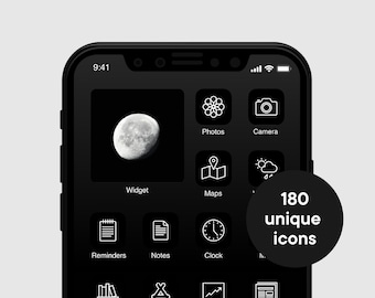 Black Minimal iPhone / iPadOS / Android App Icons, Midnight Aesthetic Icon Pack, Elegant Line Phone Icons | Minimal Home Screen Icons