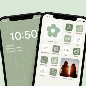 Peut inclure: Un écran d'accueil d'iPhone vert et blanc avec une grille d'icônes d'applications. Les icônes incluent Widgetsmith, Acrobat, Deliveroo, Binance, Tips, SoundCloud, WordPress, Hulu, Reddit, Messages, Numbers, Asana, Quora et Widgetsmith. L'heure est 9h41.