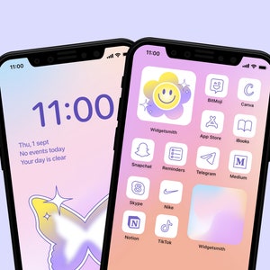 Y2K Butterfly. Dreamy Aesthetic. iOS 18 and iOS 17 Icons in pastel colors, Aura Gradients, iPhone Home Screen, Lockscreen Customization