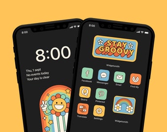 Groovy Retro App Icons iPhone / iPadOS / Android, 70s 80s Hippie Icon Pack, Vintage Psychedelic Aesthetic Icons, Dark Mode Phone Theme