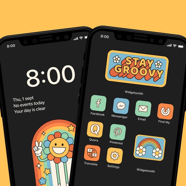 Retro Groovy iOs 16 icons, Dark Mode iOS icons, Cute Retro Aesthetics, Vintage Vibe, 70s, 80s, Boho Hippie, 90s Nostalgia, Psychedelic