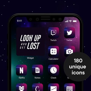 May include: A smartphone screen displaying a collection of app icons with a dark purple and blue gradient background. The icons are arranged in a grid pattern and include apps like Netflix, Notes, Clock, Twitch, Twitter, and Calculator. The text "LOOK UP AND GET LOST" is displayed at the top of the screen. The text "180 unique icons" is displayed in a circle in the lower right corner of the screen.